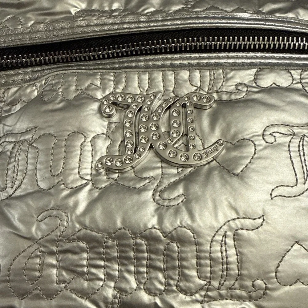 Juicy Couture Metallic‎ Silver Quilted Logo Backpack Rhinestone JC Heart Y2K NEW
